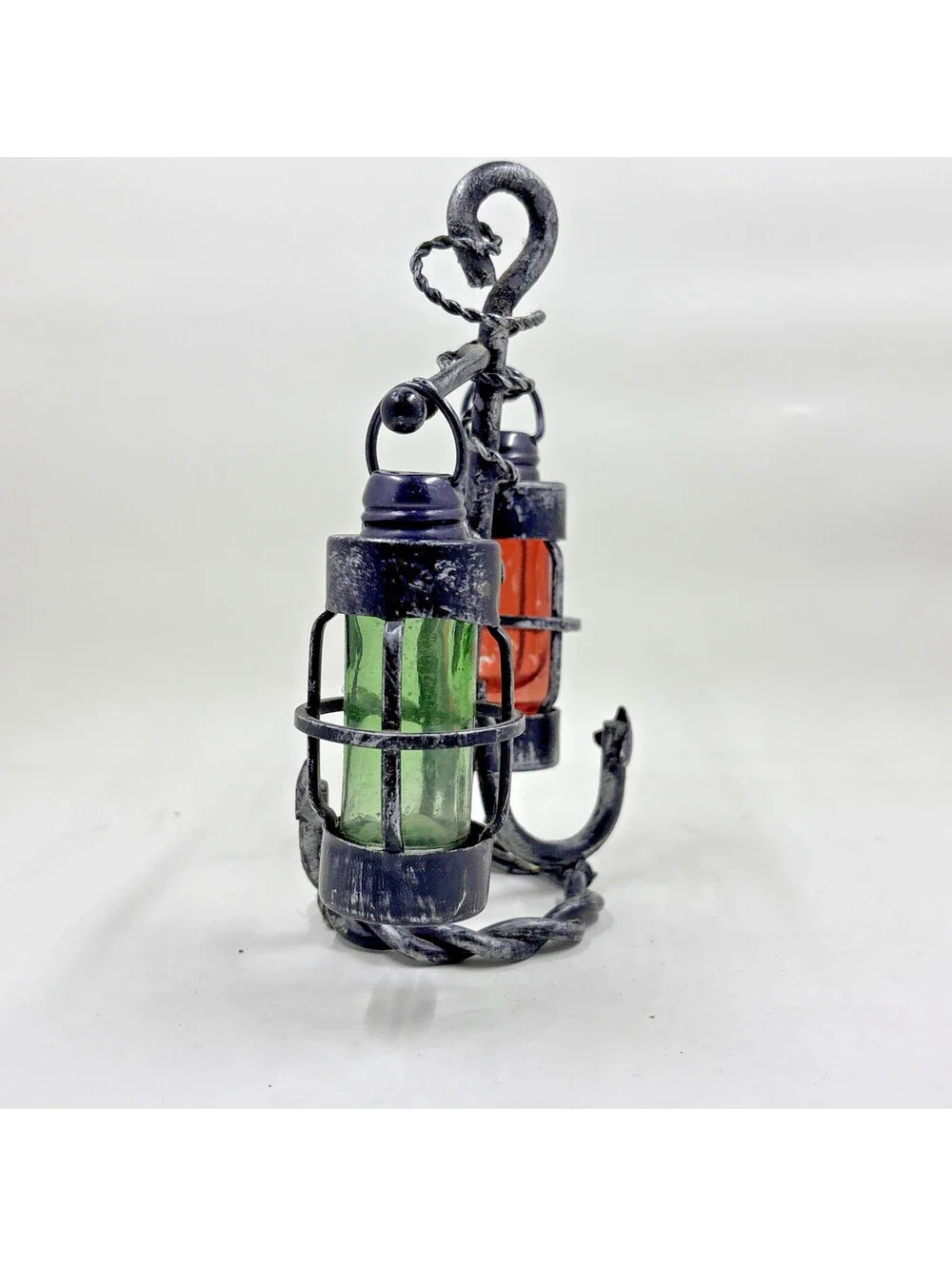 Vintage Iron and Glass Hanging Lanterns on Boat Anchor Salt Pepper Shaker Set